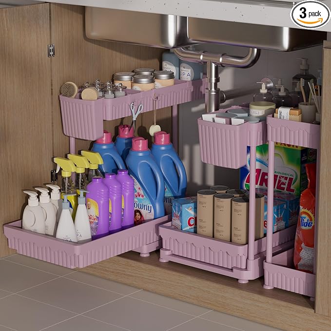 3-Pack 2-Tier L-Shaped Under Sink Organizers with Sliding Drawers | Multi-use kitchen & bathroom storage, 14.85 inch pink cabinet organizer, space-saving sliding drawer design.