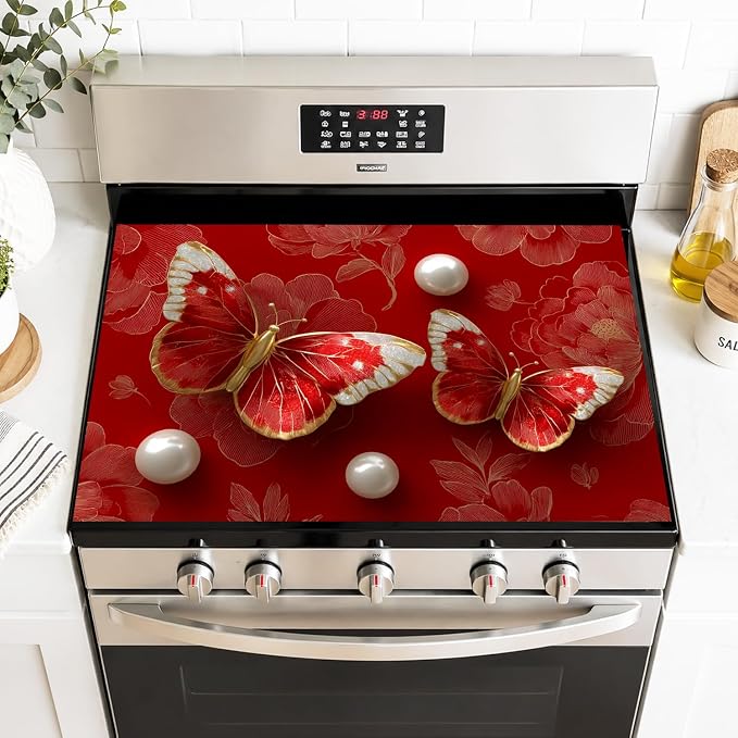 Butterfly Rose Stove Top Cover 28.35x20.47 in Non Slip Mat | Heat Resistant Cooktop Protector Mat with Non-Slip Backing, Scratch Protection and Countertop Drying Mat.