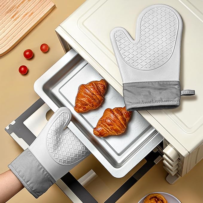 Silicone Oven Mitts，Heat Resistant up to 500°F, Oven Gloves with Soft Lining, Non-Slip Kitchen Essentials, Kitchen Gadgets, Apartment Essentials, Great Gift for Cooking (gray-1pair)