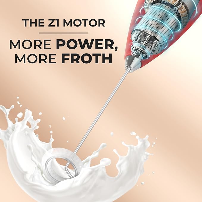 Zulay Kitchen Powerful Milk Frother Wand With Duracell Batteries - Ultra Fast Handheld Drink Mixer - Electric Whisk Foam Maker for Coffee, Lattes, Cappuccino & Matcha - Z1 Motor - Black & Red