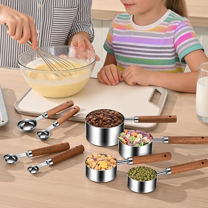 Wooden Handle Measuring Cups & Spoons Set 8-Piece – Stainless Steel, Stackable, Rustic Farmhouse Kitchen Gadgets, Non-Toxic, Dishwasher Safe, Gift for Bakers & New Homeowners.