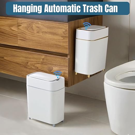 LALASTAR 2 Pack Automatic Trash Can Bathroom, Touchless Garbage Can with Lid, Slim Motion Sensor Waterproof Plastic Trash Bins for Bedroom Office Toilet, 2.3 Gallon, White+Grey Trim
