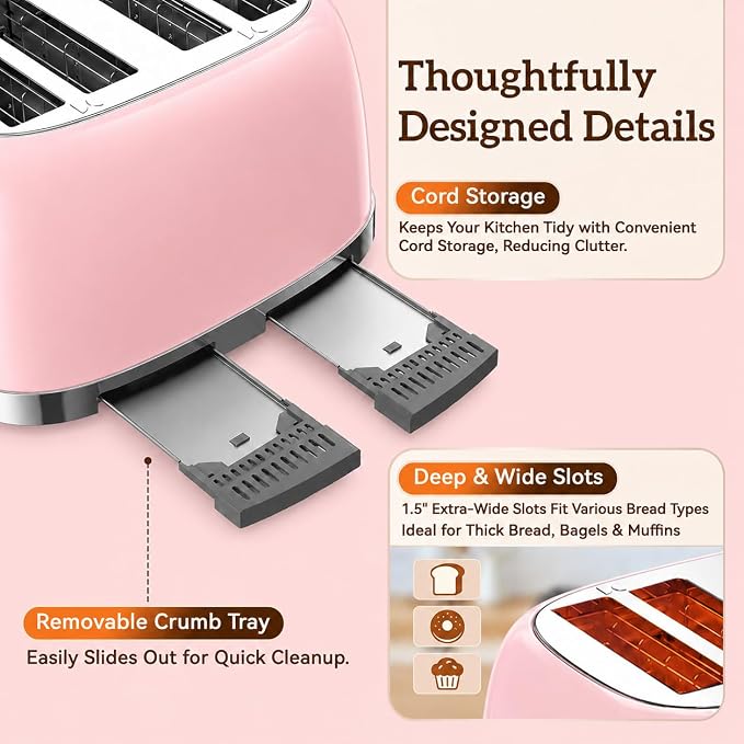 RONGBEST Retro Toaster 4 Slice with Stainless Steel Wide Slot Touchscreen for Family Breakfast, Reheat & Defrost, 6 Browning Levels for Bagel & Bread, Removable Crumb Tray, Blush Pink