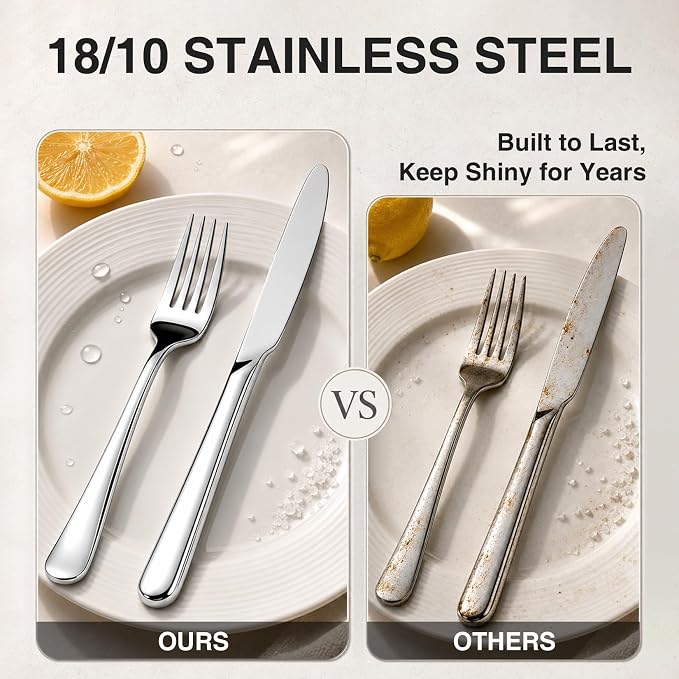 40-Pieces Silverware Set for 8, Heavy Duty Stainless Steel Flatware Set, Food-Grade Fork and Knife Set, Mirror Finish Cutlery Utensils Set for Home Kitchen Restaurant，Wedding, Party，Dishwasher Safe
