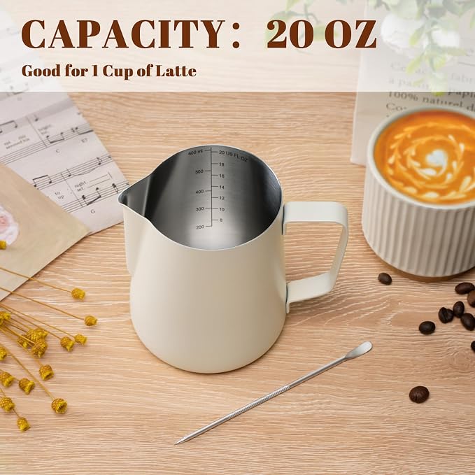 Amrules Milk Frothing Pitcher 20oz Frother Cup Barista Tools, White | 18/8 Stainless Steel, 20oz Capacity with Clear Scale, with Decorating Pen, Ergonomic Handle, for Cappuccino, Latte & Espresso