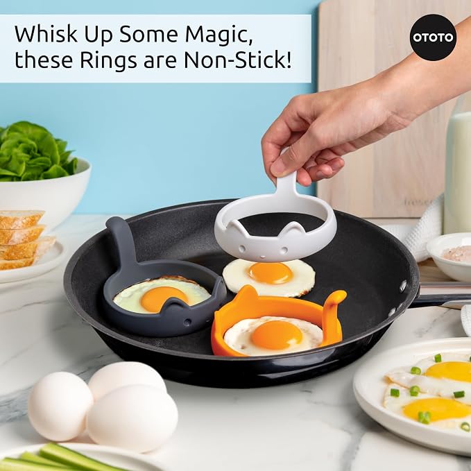 OTOTO PanCats Egg Ring Set of 3 - Silicone Egg Rings for Frying Eggs, Non Stick Fried Egg Cooker Ring, Cat Gifts for Cat Lovers, Cute Funny Kitchen Accessories Gadgets, Separator (Multicolor)