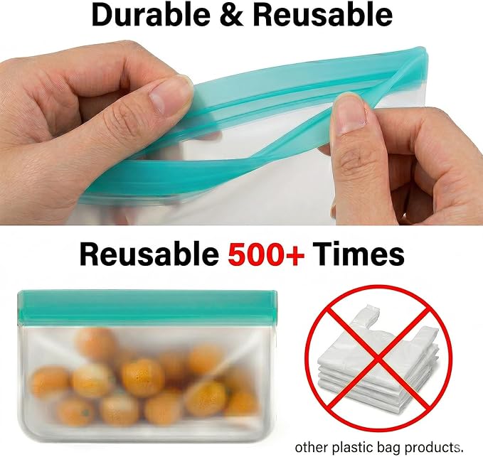 10 Pack Reusable Snack Bags, BPA Free PEVA, Small Snack Size | 10 BPA-free PEVA snack bags with double-seal zippers; dishwasher and freezer safe for lunch, travel, and meal prep.