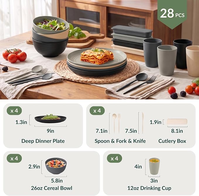 Premium Wheat Straw Dinnerware Sets 28 PCS Unbreakable Plates and Bowls Sets Microwave Safe Dishes Kitchen Utensils for Camping, RV, Party, Apartment, Travel Dishes Set of 4(GreyStone)