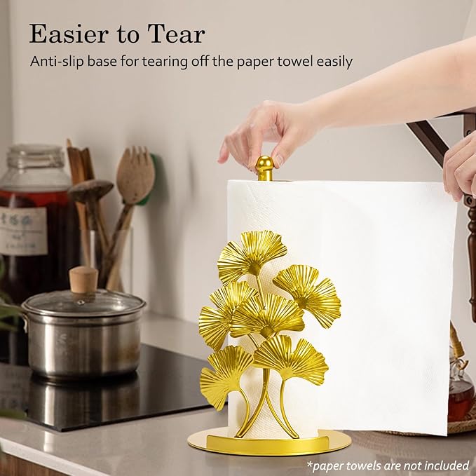 Vintage Gold Ginkgo Paper Towel Holder Countertop - Gold Kitchen Decor and Accessories, Luxury Housewarming Gifts for Women, 3D Ornate Leaf Textured, Retro Design Home Decor, Weighted Base & Felt Pad