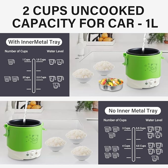 OSBA 12V Rice Cooker for Car 1L Mini Rice Cooker with Steamer, Green | 2Cup Portable Travel Rice Cooker for 1-2 People, Cooking Heating & Auto Keeping Warm Function, Used as an Electric Lunch Box