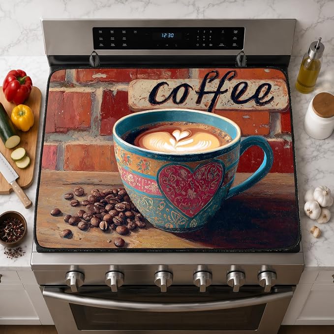 Electric Stove Top Cover for Glass Top, Coffee Cup Brick Cafe – Heat Resistant Flat Stove Top Covers, Decorative Scratch Protector Mat for Glass Ceramic Cooktop, Non-Slip, 28"x20"