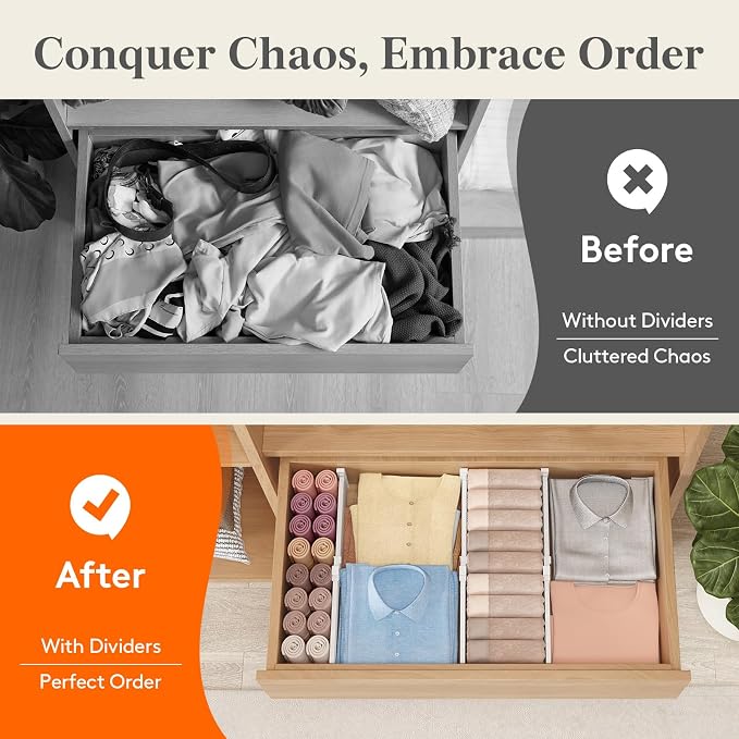 Lifewit 3.2" High Drawer Dividers for Clothes, Adjustable Drawer Organizers | 10.5"-16.5" Expandable Plastic Separator for Dresser, Kitchen, Cabinet, Closet, Nursery, Socks & Underwear Storage, 4 Pack