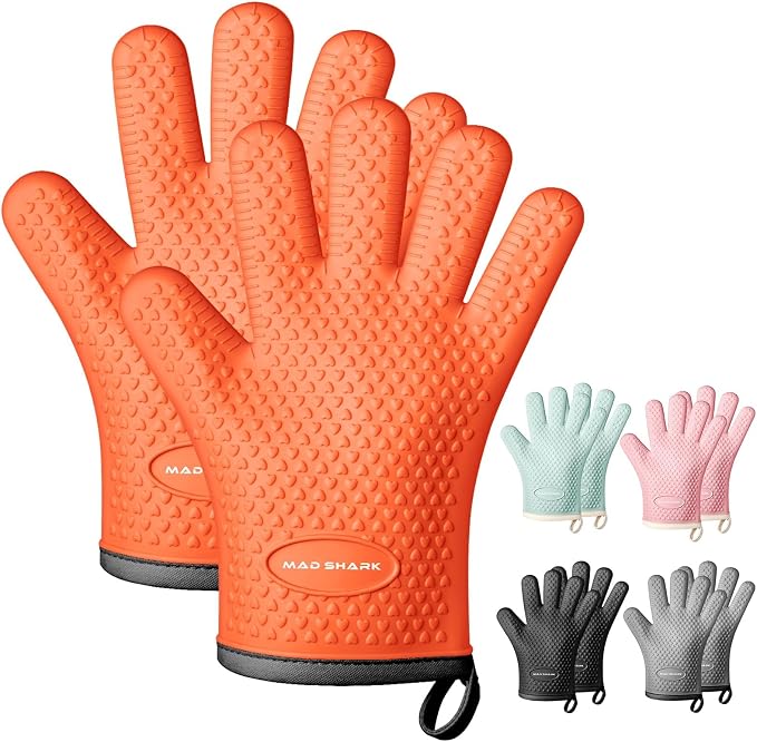 MAD SHARK Silicone Oven Mitts with Fingers Heat Resistant 450°F in Kitchen | Waterproof & Non-Slip Oven Gloves,Cotton Lined Silicone Kitchen Mitts for Baking Cooking Barbecue,Women (Orange)