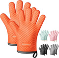 MAD SHARK Silicone Oven Mitts with Fingers Heat Resistant 450°F in Kitchen | Waterproof & Non-Slip Oven Gloves,Cotton Lined Silicone Kitchen Mitts for Baking Cooking Barbecue,Women (Orange)
