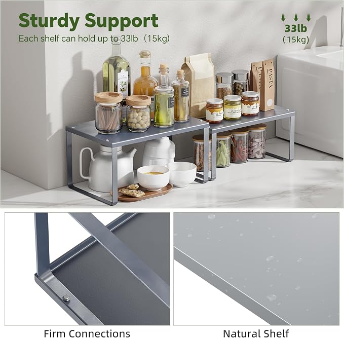 Simple Trending Cabinet Organizer Shelf, Set of 2 Kitchen Counter Shelves, Kitchen Storage, Stackable, Expandable, Metal Spice Rack for Cupboard, Bathroom, Desk, Pantry, Silver