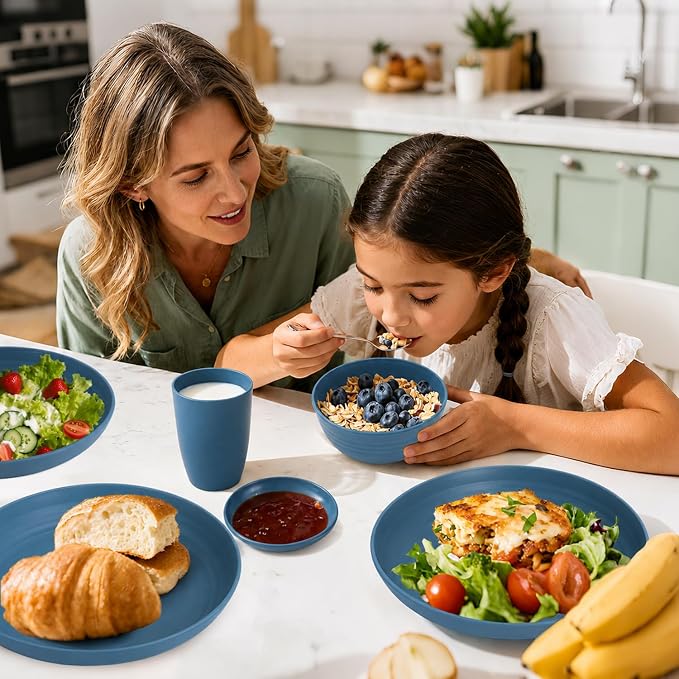 16 PCS Wheat Straw Plates and Bowls Sets,Kids Dishes Dinnerware Sets for 4,Unbreakable Kitchen Plates and Bowls Set for Travel Dishwasher & Microwave Safe Lightweight Dishes Set - DeepBlue