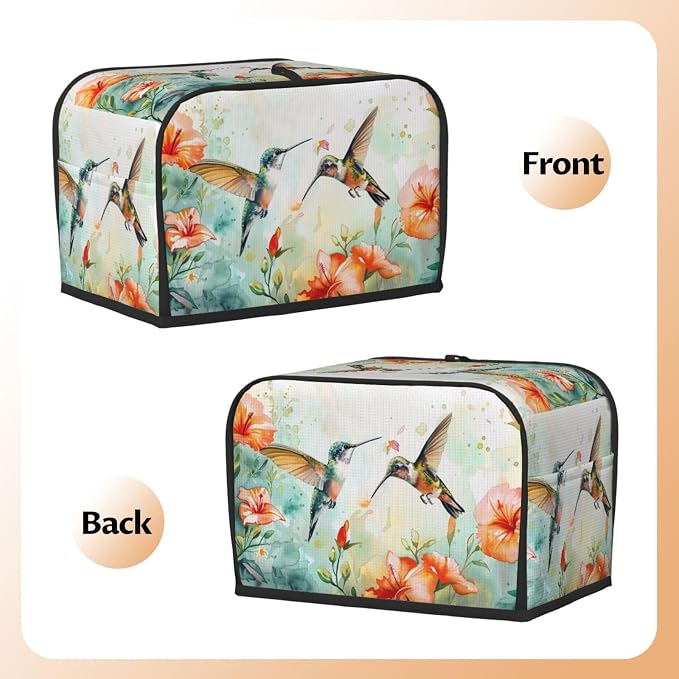 2 Slice Toaster Cover Hummingbird Flower Watercolor Dust Proof Washable Kitchen Appliance Cover with Pocket, Oxford Fabric Countertop Toaster Protector for Standard Toasters Small Appliances