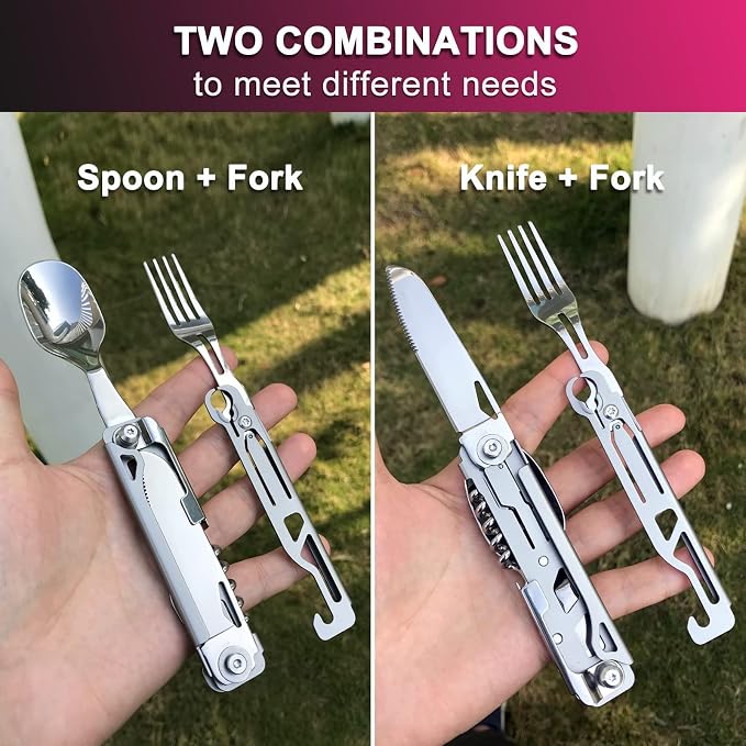 6-in-1 Camping Utensils Set with Case Folding Fork Spoon Knife | Detachable Travel Pocket Cutlery Combo, Portable Flatware with Wine Bottle Can Opener for Picnic Outdoor, 420 Stainless Steel