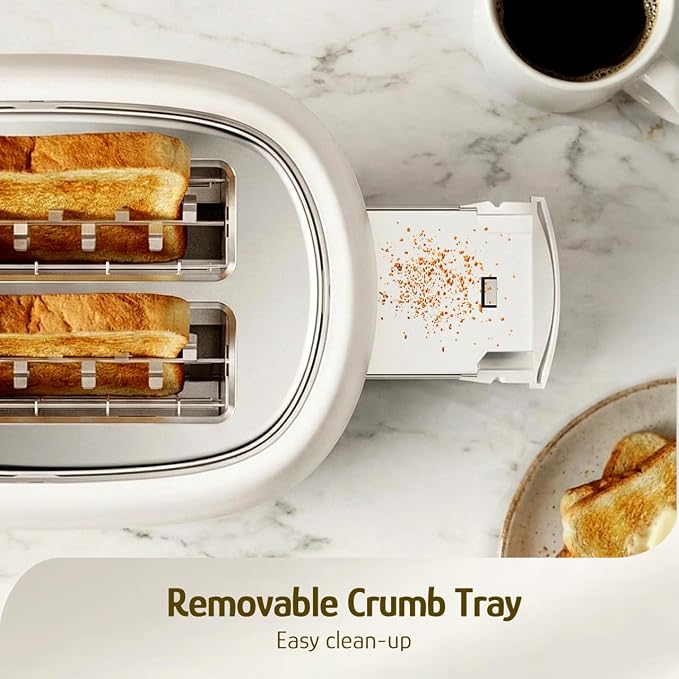 Hazel Quinn 2-Slice Retro Toaster 6 Browning Levels 3 Functions Pearl White | Defrost/Reheat/Cancel, Removable Crumb Tray for Easy to Clean, 1.5 Inches Extra Wide Slots, for Toast, Bagels Daily Breakfast