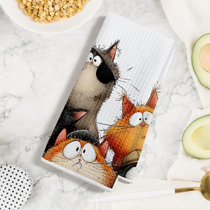 4 Pcs Cute Cat Kitchen Towels, Funny Cats Gifts Absorbent Hand Towels-07 | Cat Dish Cloths for Drying Dishes, Cats Waffle Dish Towels for Kitchen Home Bathroom Decor, Cat Lover Gifts for Women Mom