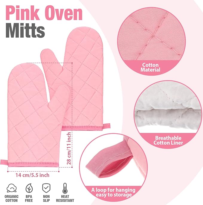 Pink Oven Mitts and Pot Holders 7 Sets, Pink White, Cotton, Plaid | Heat Resistant Kitchen Gloves, Pads Pot Holders for Women, Chritsmas Gifts Kitchen Accessories Gift