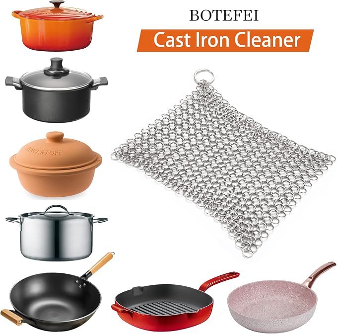 Cast Iron Cleaner 6"x6.3" 316L Stainless Steel Chainmail Scrubber for Griddle Skillet Dutch Oven Wok Stainless Steel Pot Cast Iron Pan Support Dishwasher Cleaning