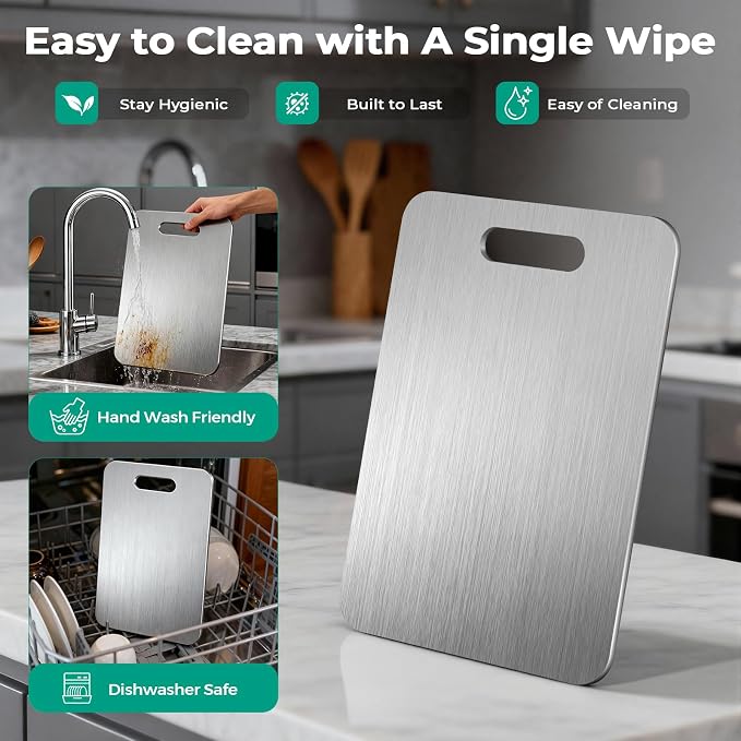 Katori Titanium Cutting Board - Upgraded 100% Pure Titanium Cutting Boards for Kitchen Non Toxic, Double Sided Food Grade Hygiene Non Moldy Dishwasher Safe Meat Fruit Metal Board (2PC 11 * 15.5 Inch)