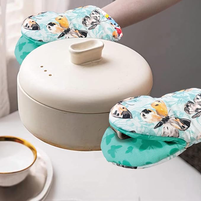 Alselo Mini Oven Mitts 2-Pack Set,Silicone Little Kitchen Gloves | Heat Resistant with Non-Slip Grip and Soft Quilted Cotton Lining for Safe Backing Cooking Barbecue (Turquoise, Butterfly, 2)