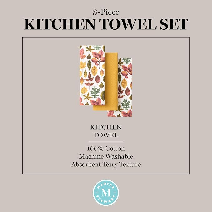 Martha Stewart Autumn Harvest Falling Leaves Kitchen Towel 3-Pack Set, 100% Cotton with Absorbent Terrycloth, Decorative Kitchen Towels, Tan/Red/Green, 16"x28"