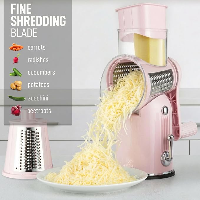 Zulay Kitchen Rotary Cheese Grater 5 Blade Cheese Shredder - Manual Hand Crank Cheese Grater With Reinforced Suction & 5 Interchangeable Drums - Easy to Use, Vegetable Chopper Round Mandoline Slicer