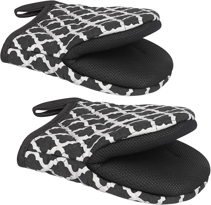 1 Pair Short Oven Mitts - Silicone Kitchen Oven Gloves High Heat Resistant 500℉, Mini Oven Mits with Non-Slip Grip Surfaces and Hanging Loop for BBQ, Baking, Cooking and Grilling (Dark Gray)