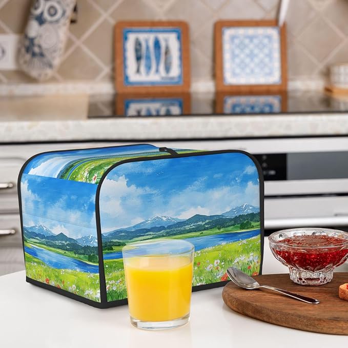 4 Slice Toaster Cover Flower Field Blue Sky Dust Proof Washable Kitchen Appliance Cover with Pocket, Oxford Fabric Countertop Toaster Protector for Standard Toasters Small Appliances
