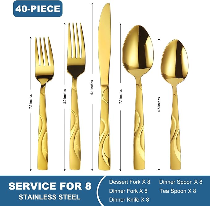 40-Piece Gold Flatware Set for 8 | Grade 430 Stainless Steel Golden Silverware Set, Cutlery Set, including Fork Spoon Knife, Dishwasher Safe