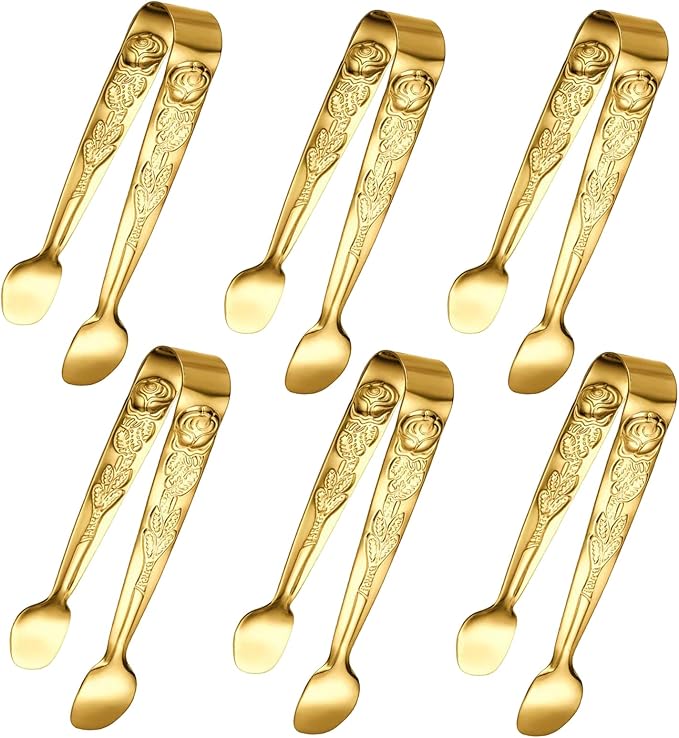 6PCS Mini Serving Tongs, 4Inch Rose Stainless Steel Sugar Cube Tong, Sliver Small Ice Tongs for Tea and Coffee Party, Appetizers, Desserts by Sunenlyst (6PCS Gold)