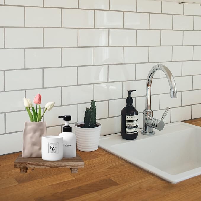 Wood Bathroom Tray Farmhouse Decor Kitchen Soap Holder, 9"x6" Brown | Waterproof, Lightweight, Easy Clean, Small Wooden Riser Pedestal Stand Accessories for Office Desk, Vanity, Counter, Sink