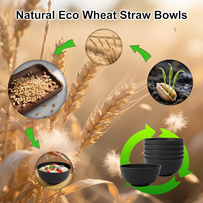 Wheat Straw Bowls 60oz, Large Salad Bowl Unbreakable Ramen Bowls Set of 6, Microwave & Dishwasher Safe Big Popcorn Bowl Alternative Plastic Bowls Reusable, Kitchen Bowls for Cereal,Noodle- Black