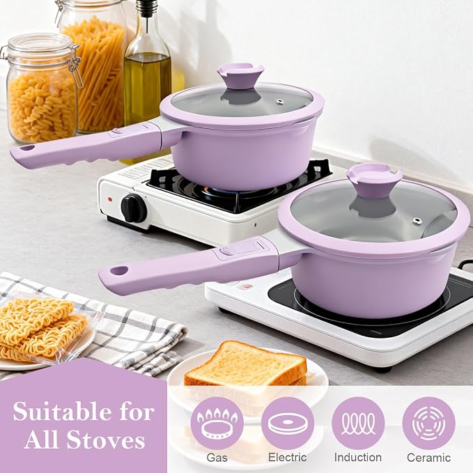 AIKENBBKK 1.5 Quarts Ceramic Nonstick Saucepan with Lid, Small Sauce Pot with Pour Spouts for Multipurpose Use, Milk Pan with Detachable Handle, Oven Safe, Purple