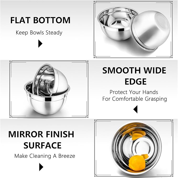 P&P CHEF Stainless Steel Mixing Bowls with Lids, Set of 3, Blue | Nesting Salad Bowl, Sturdy& Rust Proof, Airtight & Stackable, Suit for Mixing, Storing, Prepping, 3 Size - 4.6/3 /1.5 QT
