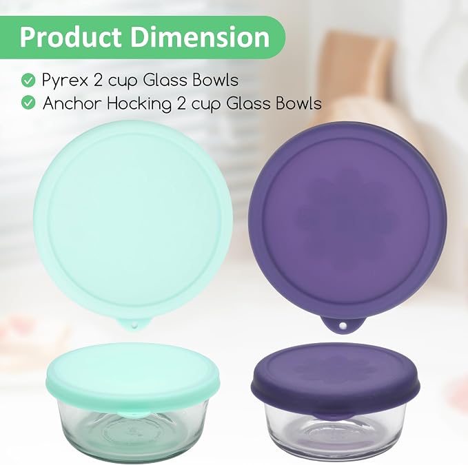 2 Cup Round Silicone Storage Cover Lids Replacement for Anchor Hocking and Pyrex 7200-PC Glass Bowls (Container not Included) (Mix) 4 Pack