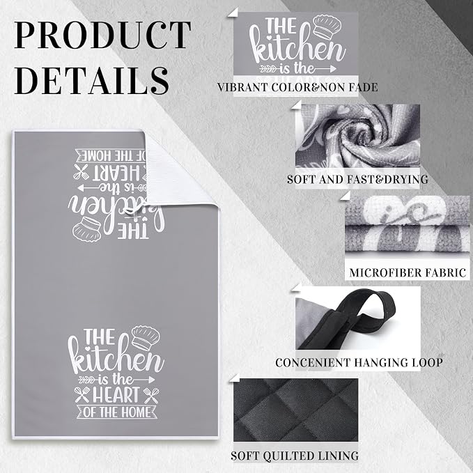Sratte 6 Pcs Kitchen Decor Accessories Set, Kitchen, Gray | Farmhouse Kitchen Towels Pot Holders Oven Mitts Set 2 Dish Towels 2 Potholders 2 Cooking Mittens for Baking Cooking Supply