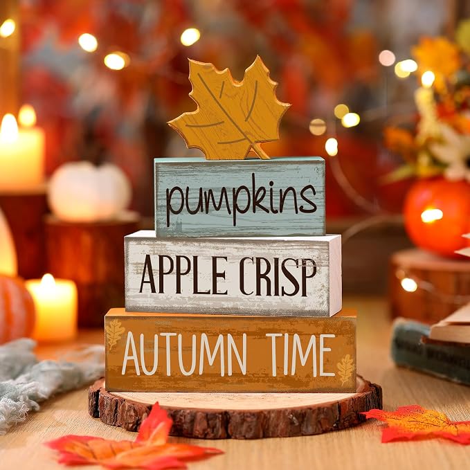 Lineshading 5 Pcs Fall Wood Block Signs Farmhouse Tabletop Decor Maple | Tiered Tray Decorations for Home, Stackable Wooden Blocks, Autumn Harvest Theme with Pumpkins Apple Crisp Text, Rustic