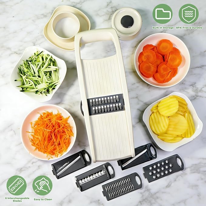 6-in-1 Mandoline Slicer for Kitchen, Food-Grade Veggie Cutter with Drainage Container, Stainless Steel Blades, BPA-Free & Non-Slip, White Plastic/Stainless Steel Options (white)