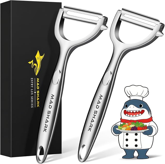 MAD SHARK Potato Peeler 2 Pack, Ultra Sharp Flat & Serrated Blades Peelers | Y Shaped Peeler Rust-proof Stainless Steel, Ergonomic Non-slip Grip for Vegetable,carrots, apples & fruit, Easy Clean