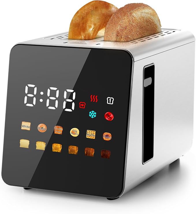 WUNLY Smart Touchscreen 2 Slice Toaster, Wide Slot, Memory & Single-Slot | Digital Timer, Extra Wide Slot for Bagels, 6 Shade Levels & 6 Bread Settings, Reheat, Defrost, Favorite, Platinum