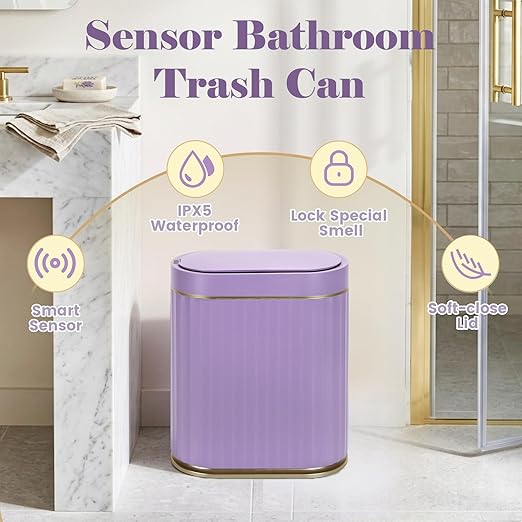 ELPHECO Bathroom Sensor Trash Can, 2 Gallon, Automatic Lid, Purple | IPX5 Waterproof Garbage Can, Slim Plastic Wastebasket, Trash Bin for Office, Bedroom and Living Room