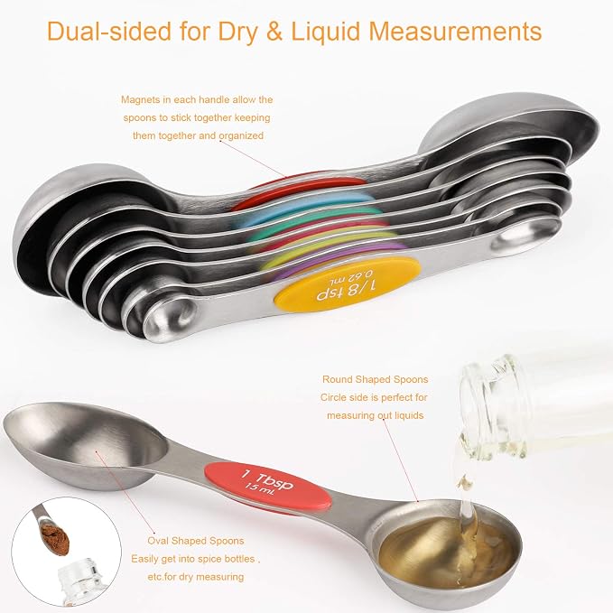 Magnetic Measuring Spoons Set Stainless Steel Dual Sided Measuring Spoons | Stackable Teaspoons Tablespoons for Measuring Dry and Liquid Ingredients