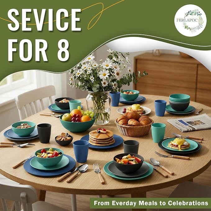 40 PCS Wheat Straw Plates and Bowls Sets,Dishware Set for 8,Unbreakable Kitchen Plates and Bowls Set for Travel Party Dishwasher & Microwave Safe Lightweight Plastic Dishes Set - Calm Tones