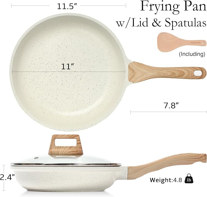 ESLITE LIFE Nonstick Ceramic Frying Pan Skillet with Lid, Non-Toxic Egg Omelette Kitchen Cooking Pans Compatible with All Stovetops (Gas, Electric & Induction), PTFE & PFOA Free (White, 11" w/Lid)