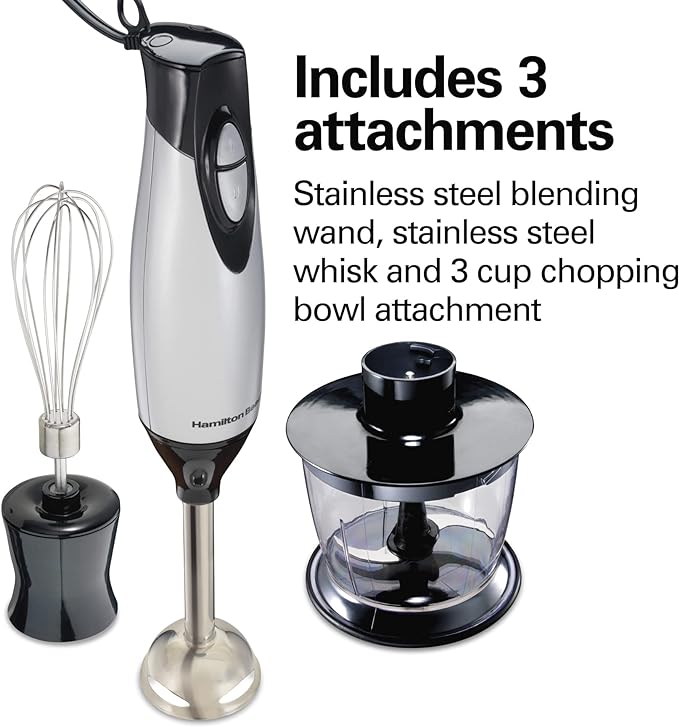 Hamilton Beach 4-in-1 Electric Immersion Hand Blender with Handheld Blending Stick, Whisk + 3-Cup Food & Vegetable Chopper Bowl, 2-Speeds, 225 Watts, Silver and Stainless Steel (59765) | Handheld Blending Stick | Whisk | 3-Cup Vegetable Chopper Bowl | ...
