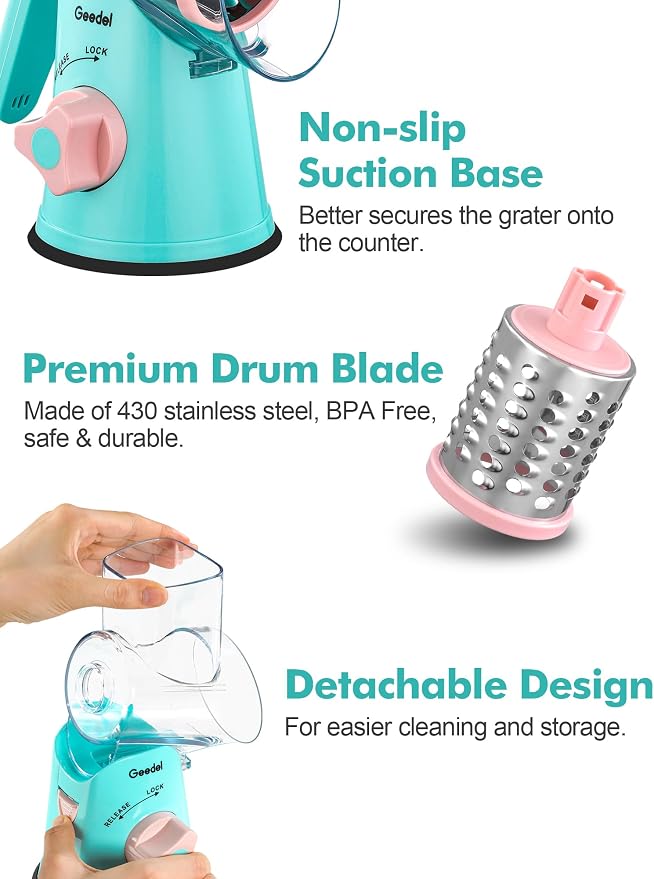 Geedel Rotary Cheese Grater, Kitchen Mandoline Vegetable Slicer with 3 Interchangeable Blades, Easy to Clean Rotary Grater Slicer for Fruit, Vegetables, Nuts | 3 Blades, 430 Stainless Steel, 12x Fast Cutting, Strong Suction Base, No BPA, Dishwasher Saf...